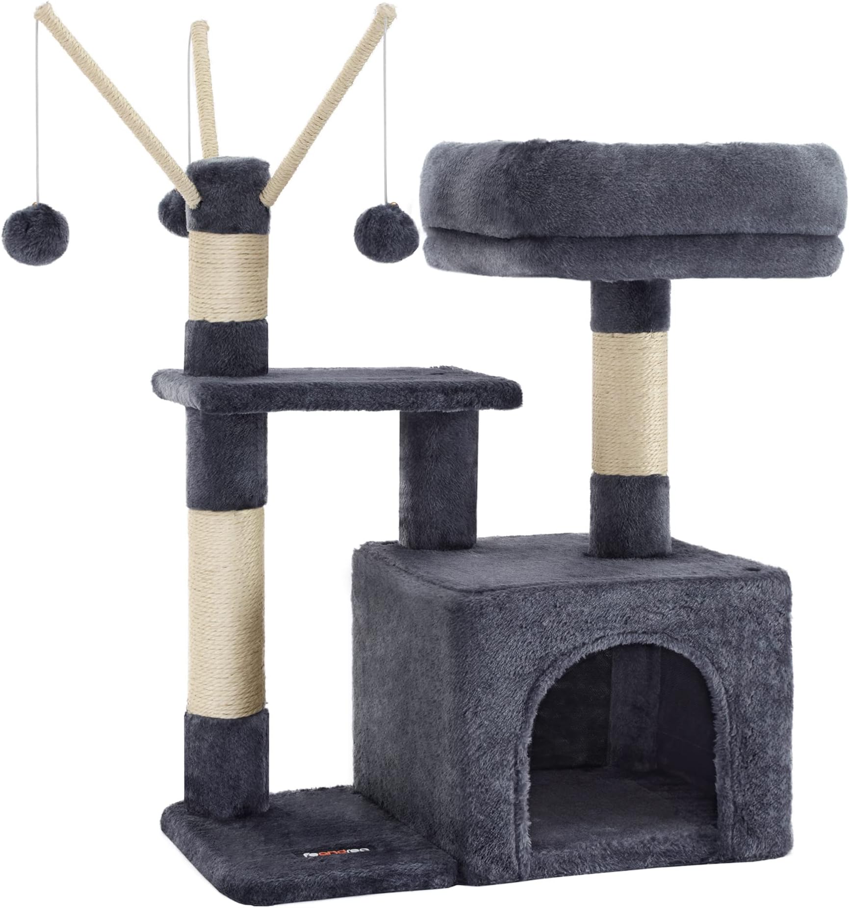 – FEANDREA Cat Tree, Small Cat Condo, 72 cm, 3 Pompoms, Smoky Grey PCT121G01