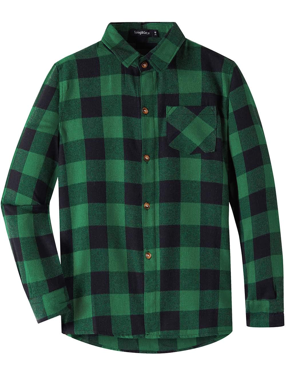 Spring&Gege Niños Casual manga larga cuadros franela botón abajo camisa para niños (5-14 años)