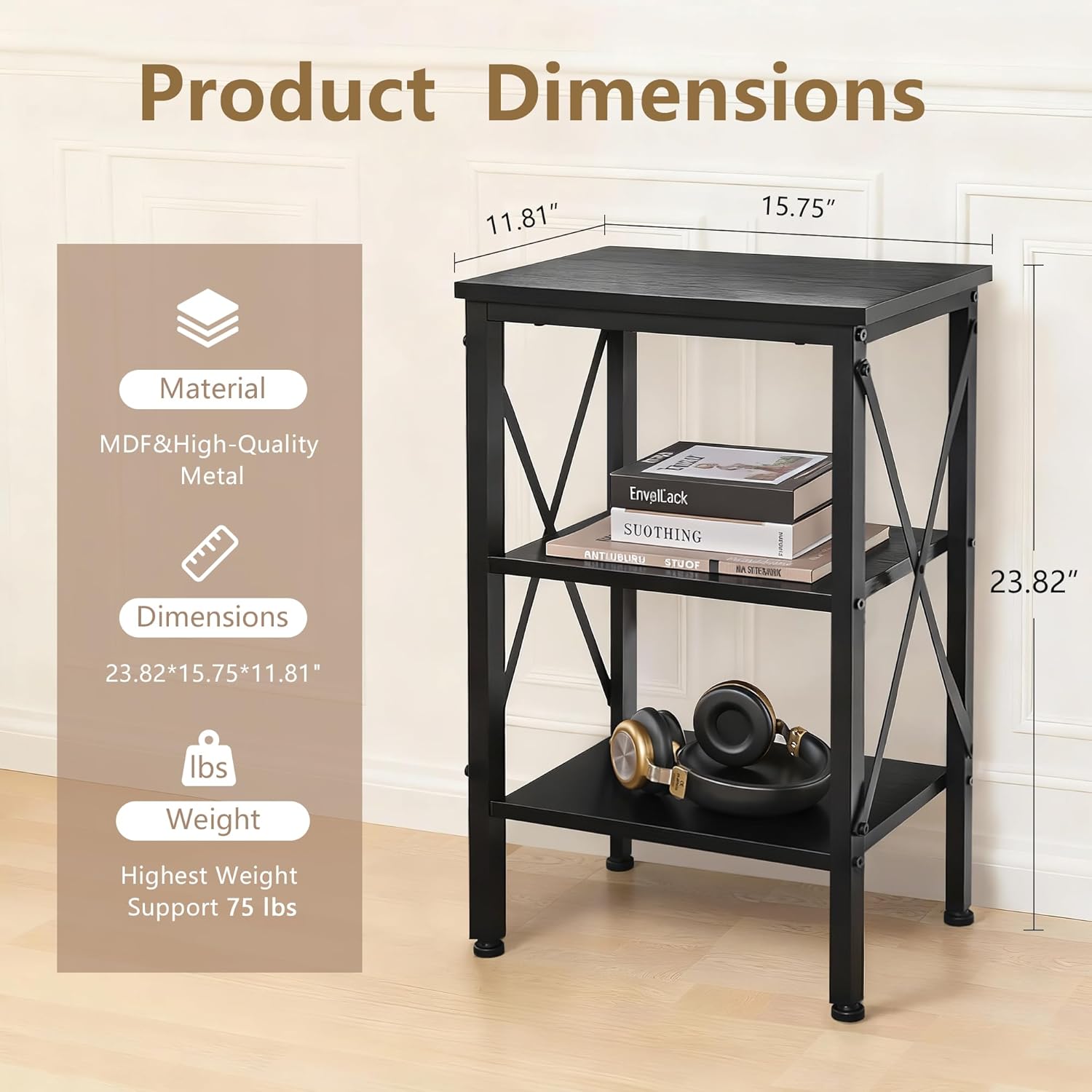 VECELO End Table, Bedside Table, 24" Tall Living Room End Tables, X-Design Reinforced Nightstands, Side Table with 3-Tier Storage Shelves for Small Spaces, Office, Bathroom, Bedroom, Classic Black