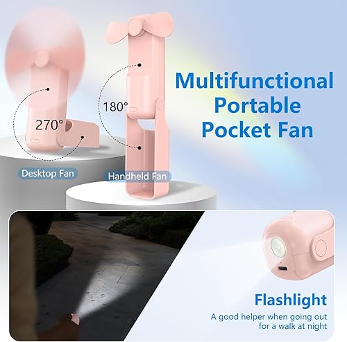 Miniatura 2 de 3 ventiladores portátiles de mano, 3 en 1 USB-C recargable 10 horas de tiempo de trabajo Mini ventilador con 3 velocidades, linterna, cordón,