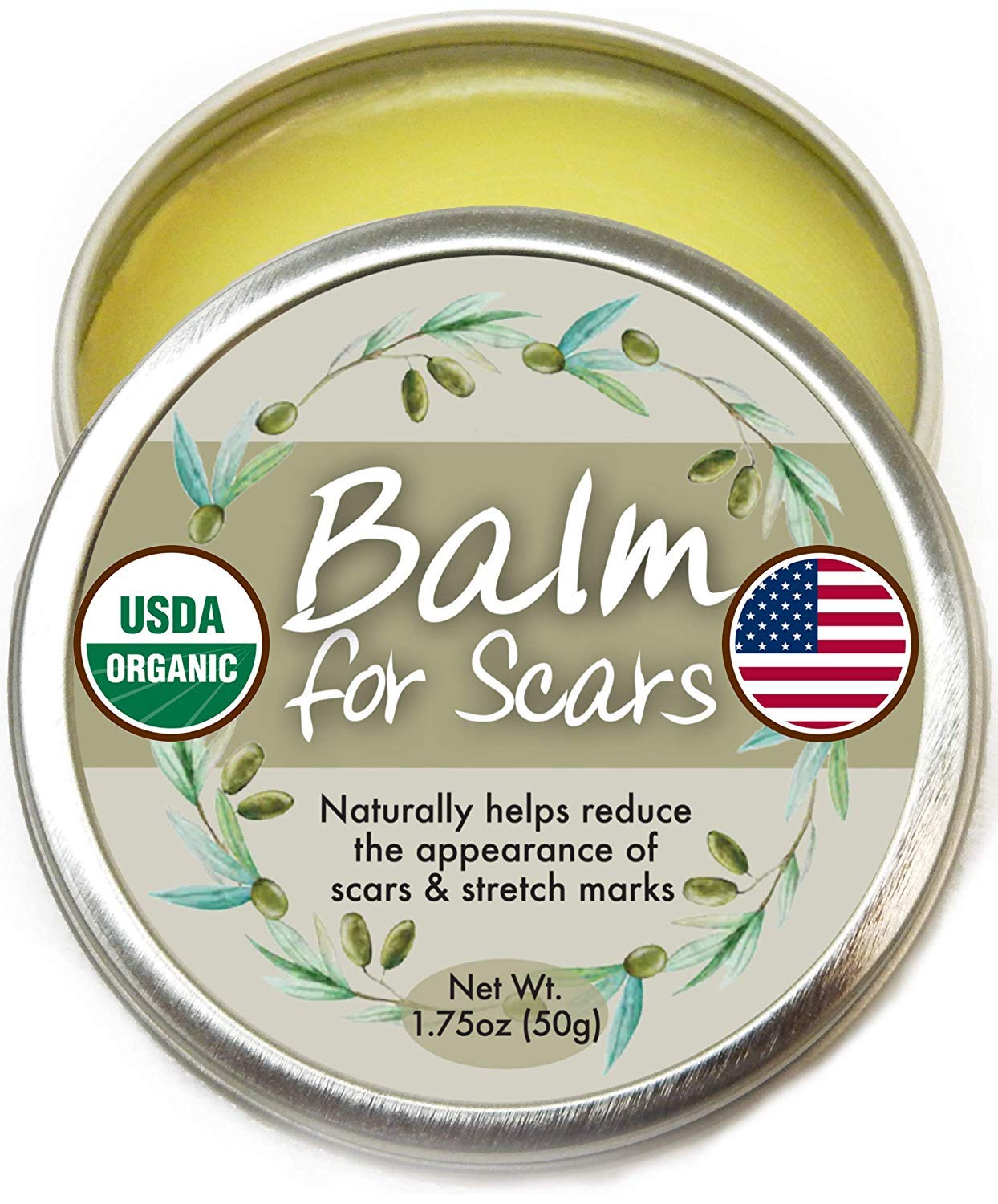 Organic Scar Fade Balm Cream - Natural, Made in USA (1.75oz Large Size) USDA Scar Treatment Gel Salve to Moisturize, Protect, & Heal Skin. Surgery Scar Removal, Stretch mark, Acne Spots, etc.