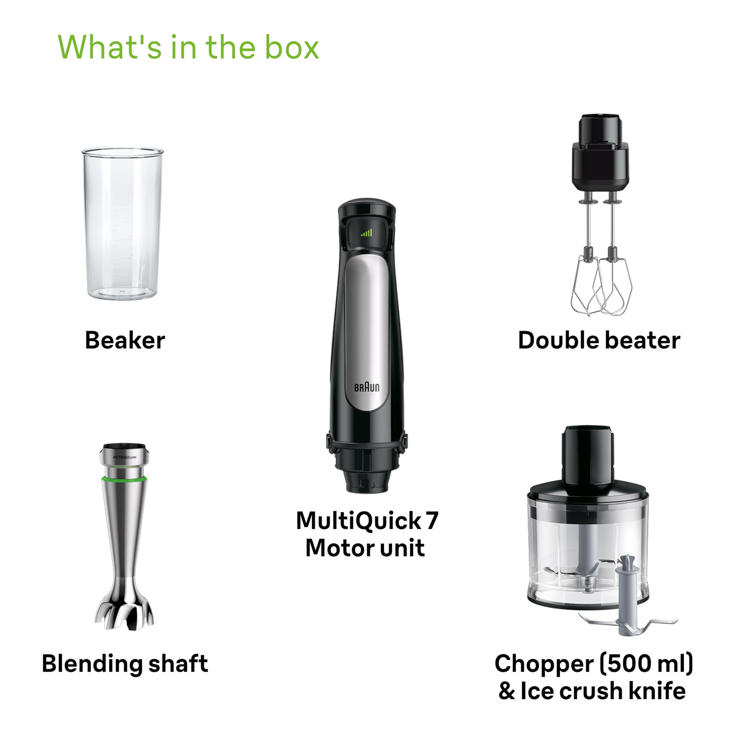 Braun MultiQuick 7 - Frullatore a Immersione con Tecnologia SplashControl, ActiveBlade, Selezione di Velocità Precisa, Tritatutto 500 mL, Doppia Frusta, Bicchiere 600 mL, 1000W, Nero (MQ7035XBI)