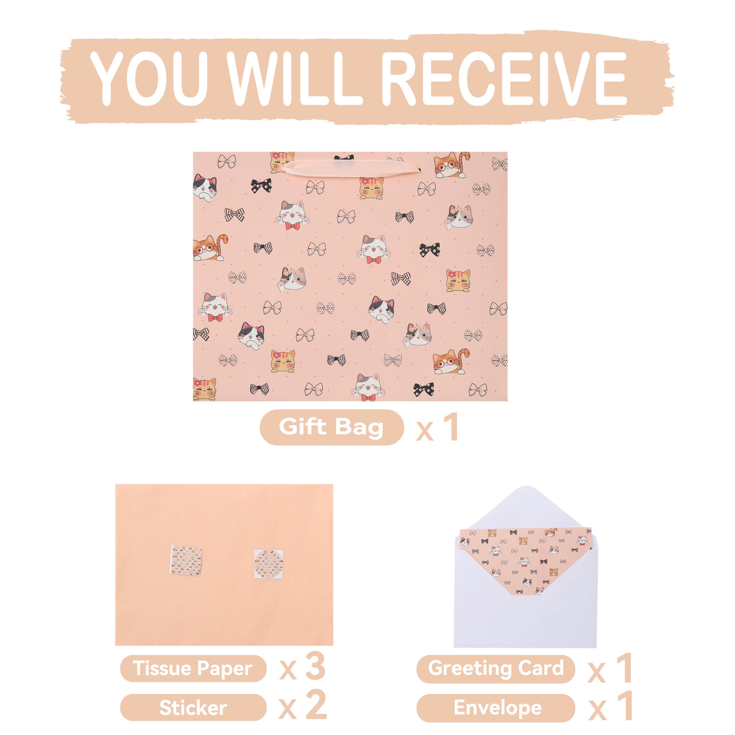 wishinside 13'' Large Cat & Bow Gift Bag Set with Handles, Greeting Card, Pink Tissue Papers and Stickers for Women Girls for Birthday, Wedding, Bridal Shower, Baby Shower, Cat Design, 1 Pcs