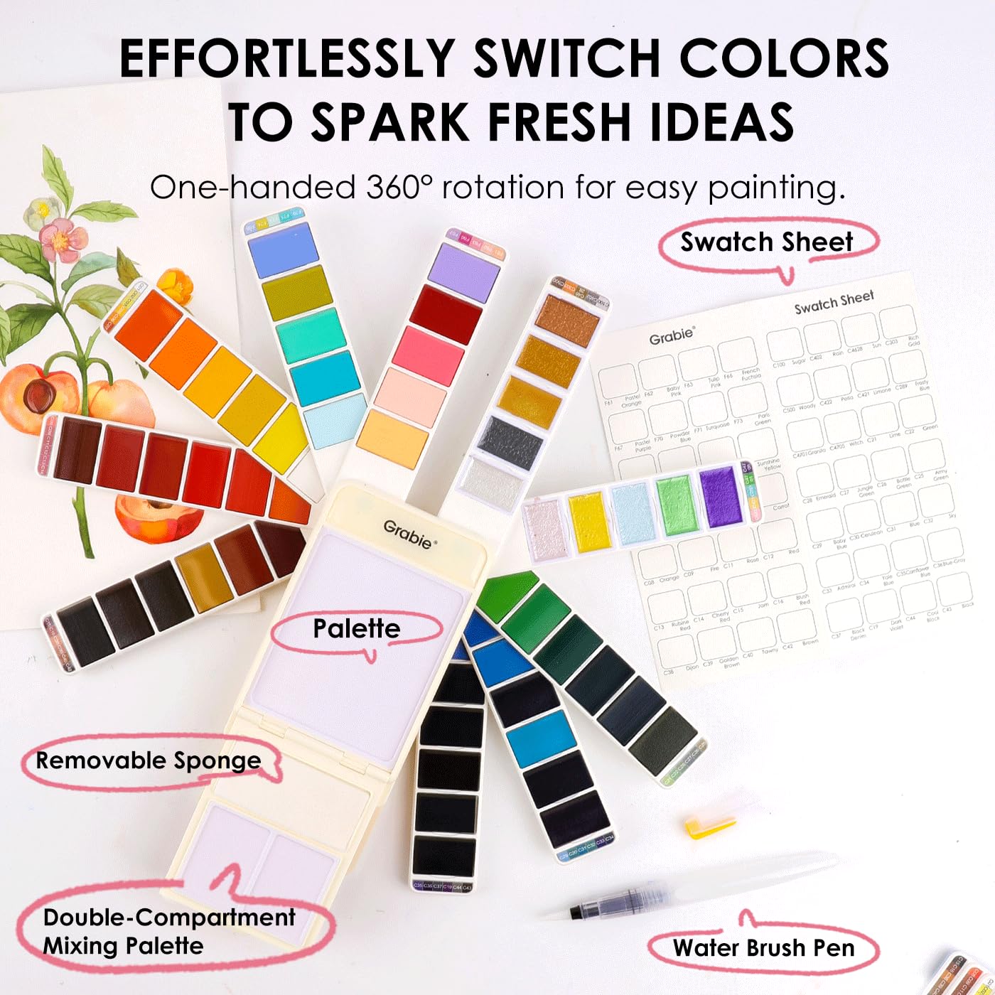 Grabie set di acquerelli portatile 56 colori con pennello e tavolozza | Pennello ad acqua, tavolozza integrata e spugna removibile, set compatto per schizzi, journaling e pittura