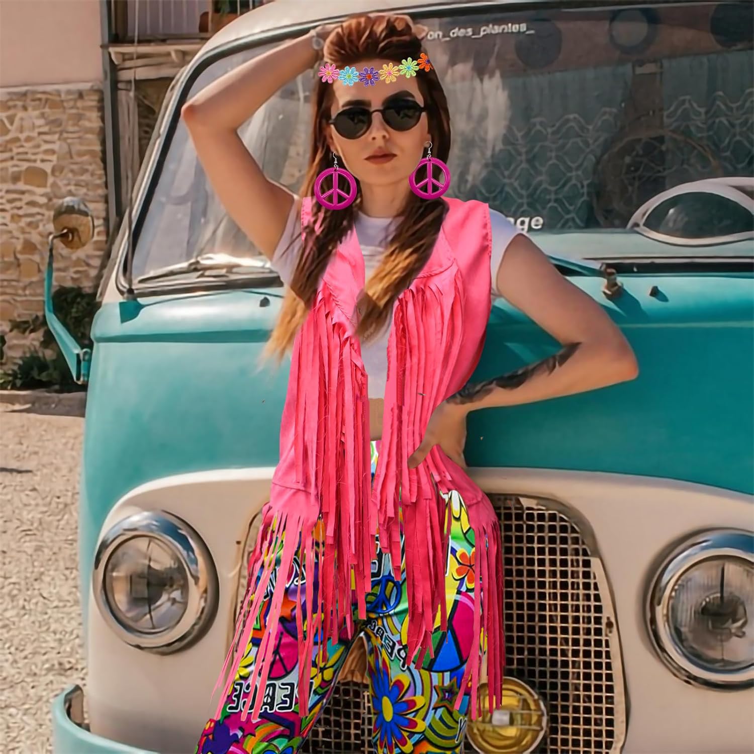 5 Stück 60er 70er Jahre Hippie Kostüm Disco Outfits Fransenweste Boho Schlaghosen Frieden Zubehör Set Halloween für Frauen Karnevalskostüm