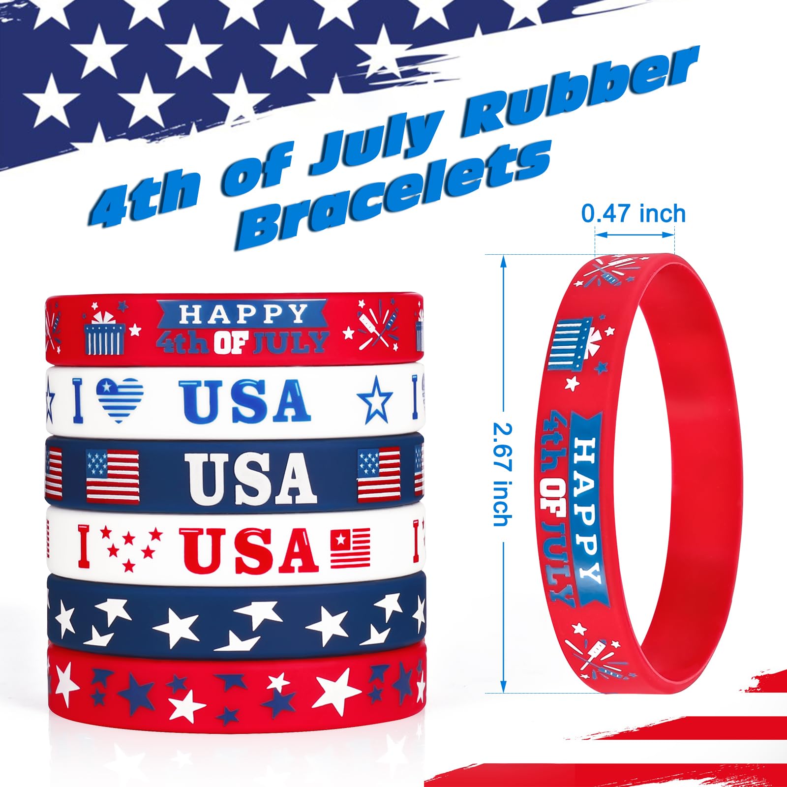 4th of July Party Favors Rubber Bracelets 30PCS USA American Flag Red White and Blue Silicone Wristbands for Kids Independence Day Party Fourth of July Patriotic Classroom Prizes Gifts Accessories