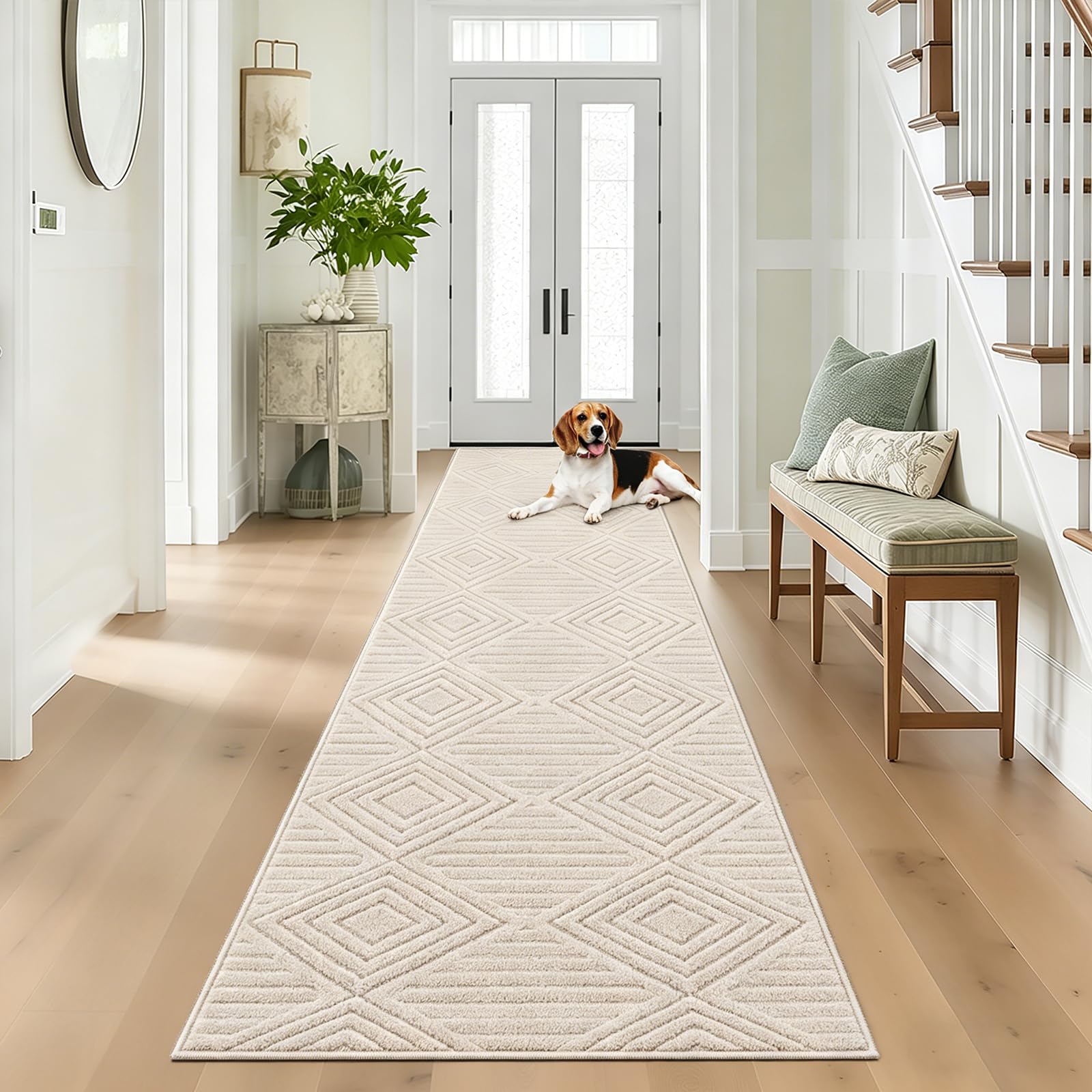 Capslpad dywan, chodnik do korytarza 80x300cm beżowy, nowoczesny, mywalny, dywan kuchenny, 3D geometria, efekt głębi i wypukłości, antypoślizgowy, dywany miękkie, dywany do salonu, sypialni