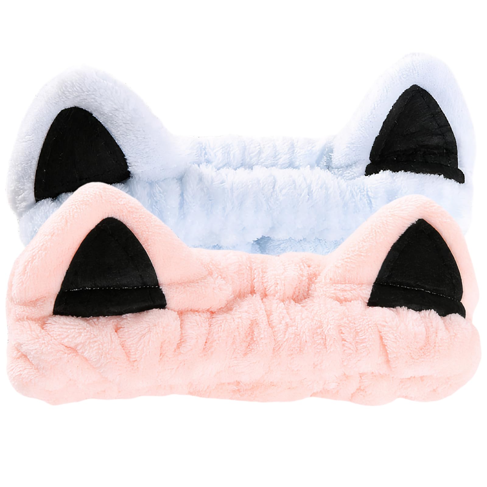 2 Pcs Cat Ears Headband, Cute Spa Headbands for Washing Face Skincare Makeup Headbands for Women Girls Trendy Stuff Present Soft Coral Fleece Hair Accessories(Light Blue + Pink)