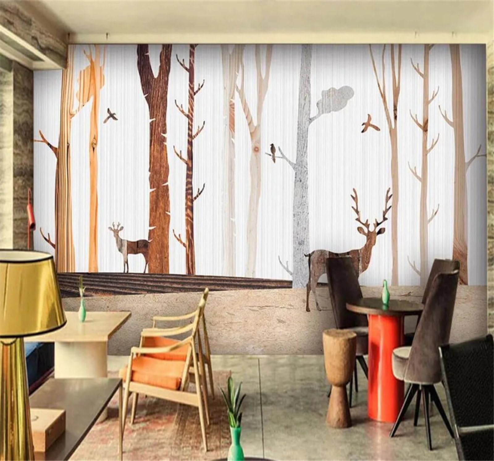 Tzxztt Minimalist Woodgrain Reindeer Forest Art Modern 3D Wallpaper Premium Textured Silk Neutral Tones Material Ideal for Living Room Bedroom-400cm×280cm