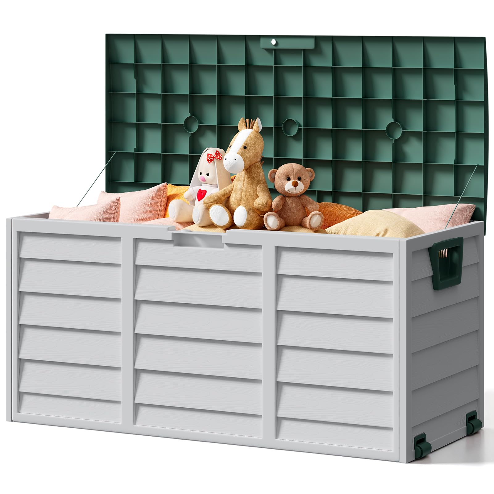 The Fellie Garden Storage Box with Wheels, 290L Lockable Garden Storage Boxes Waterproof, Plastic Outside Storage Box for Gardening Tools, Cushions, Toys, 112x49x54cm, Grey — view 16