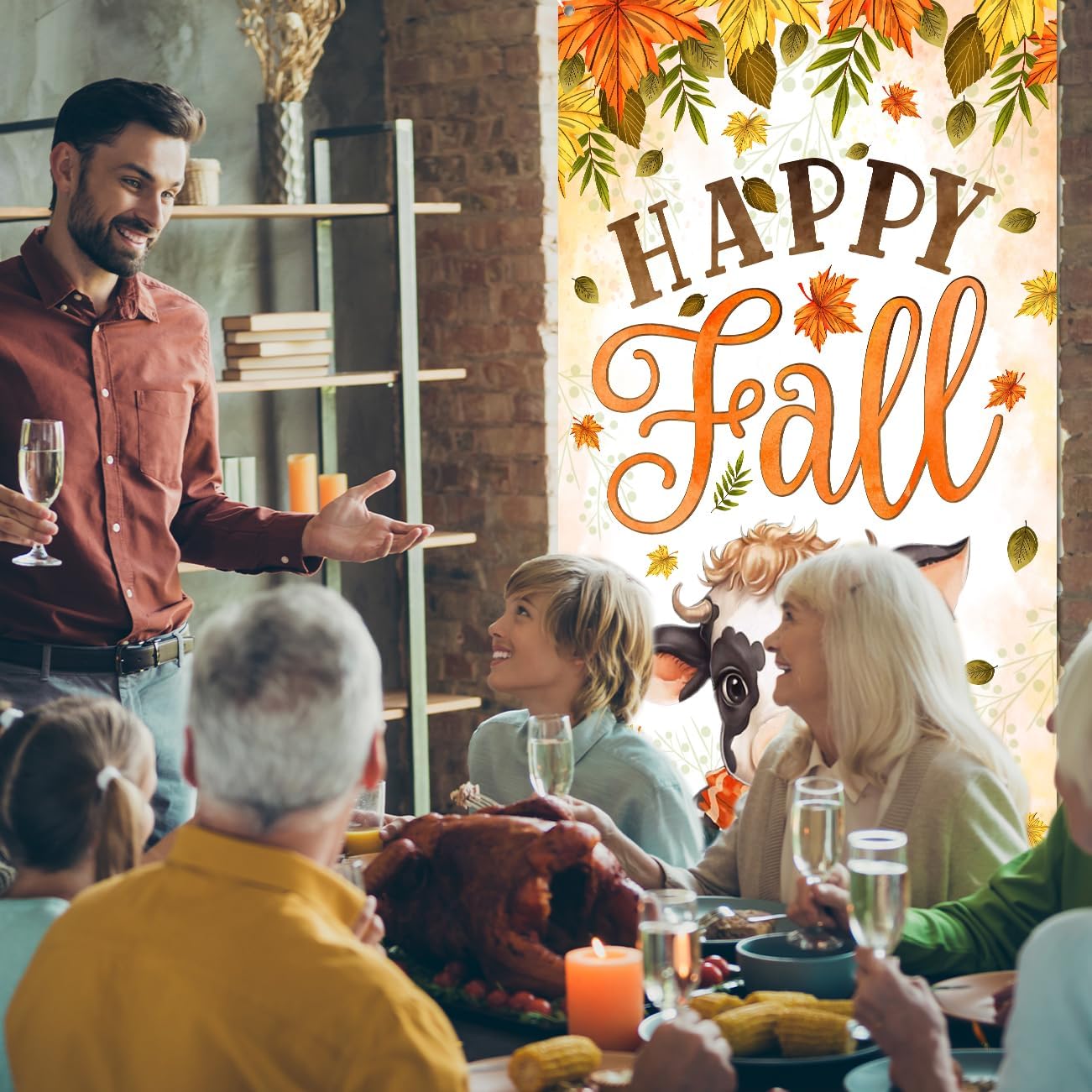 Happy Fall Door Cover Fall Party Decorations Baby Cow with Scarf Fall Festival Decorations Pumpkin Door Banner for Autumn Harvest Thanksgiving Party Supplies - Image 6