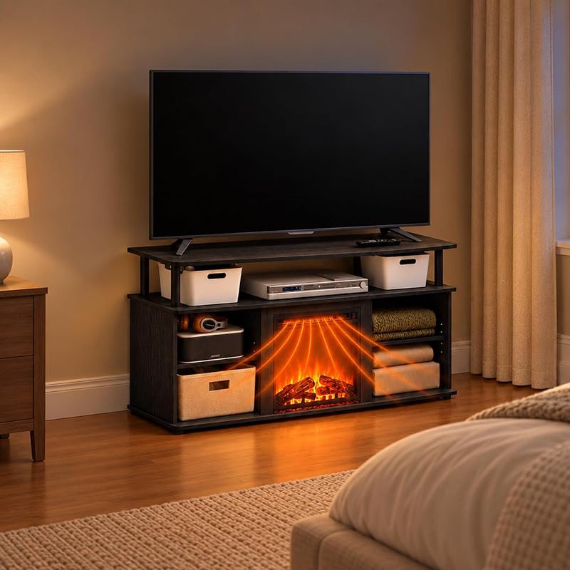 Furinno Jensen Fireplace TV Stand, Entertainment Center, TV Console for TV up to 55 Inch with Fireplace and Open Shelving Storage, for Living Room, Bedroom, Americano image 3