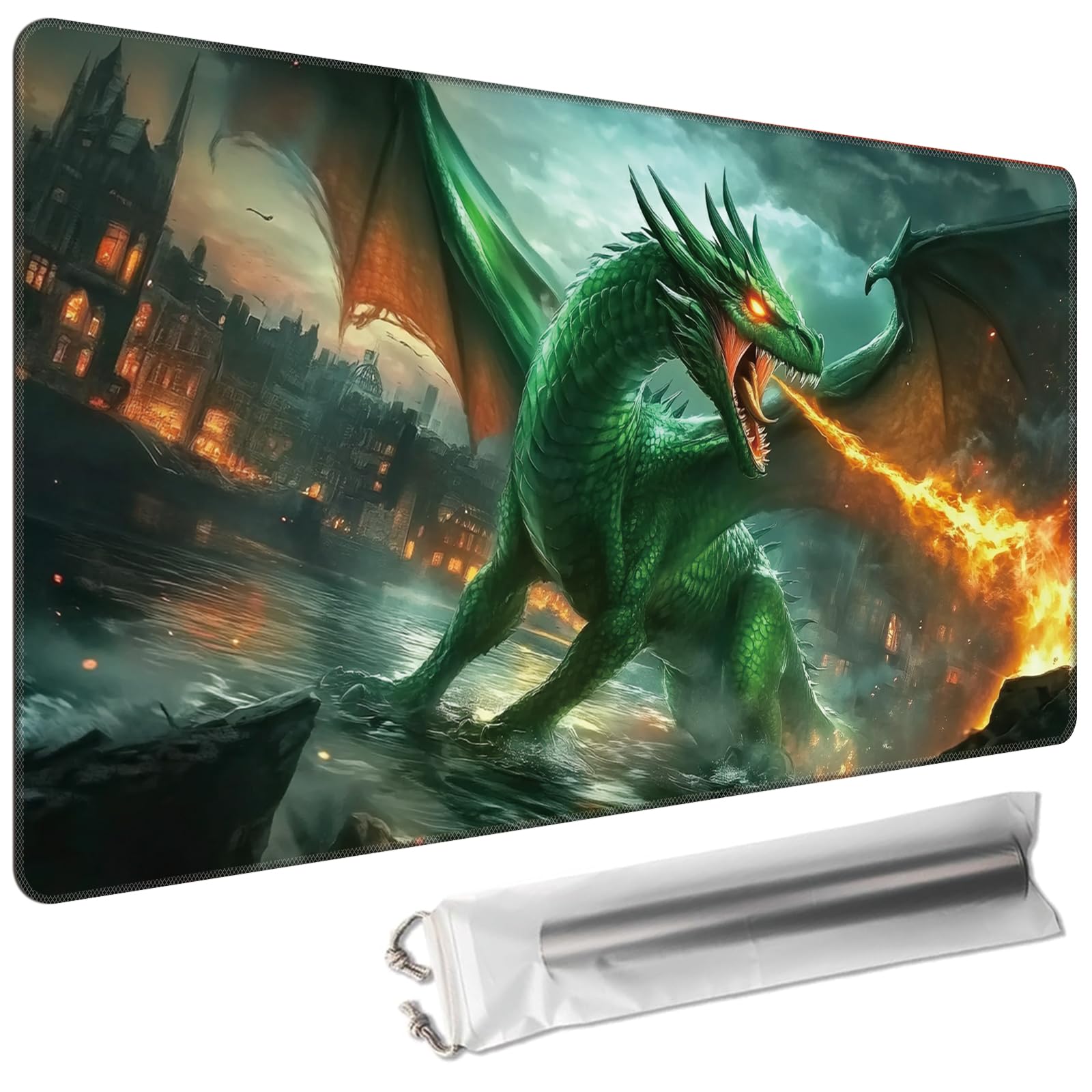 Cdkfxjy MTG Playmat 27.5 x 15.7in Includes Storage Bag,TCG Playmat with Soft Surface Premium Non-Slip Rubber Backing Stitched Edges Durable Gaming Mat,Fire Green Dragon