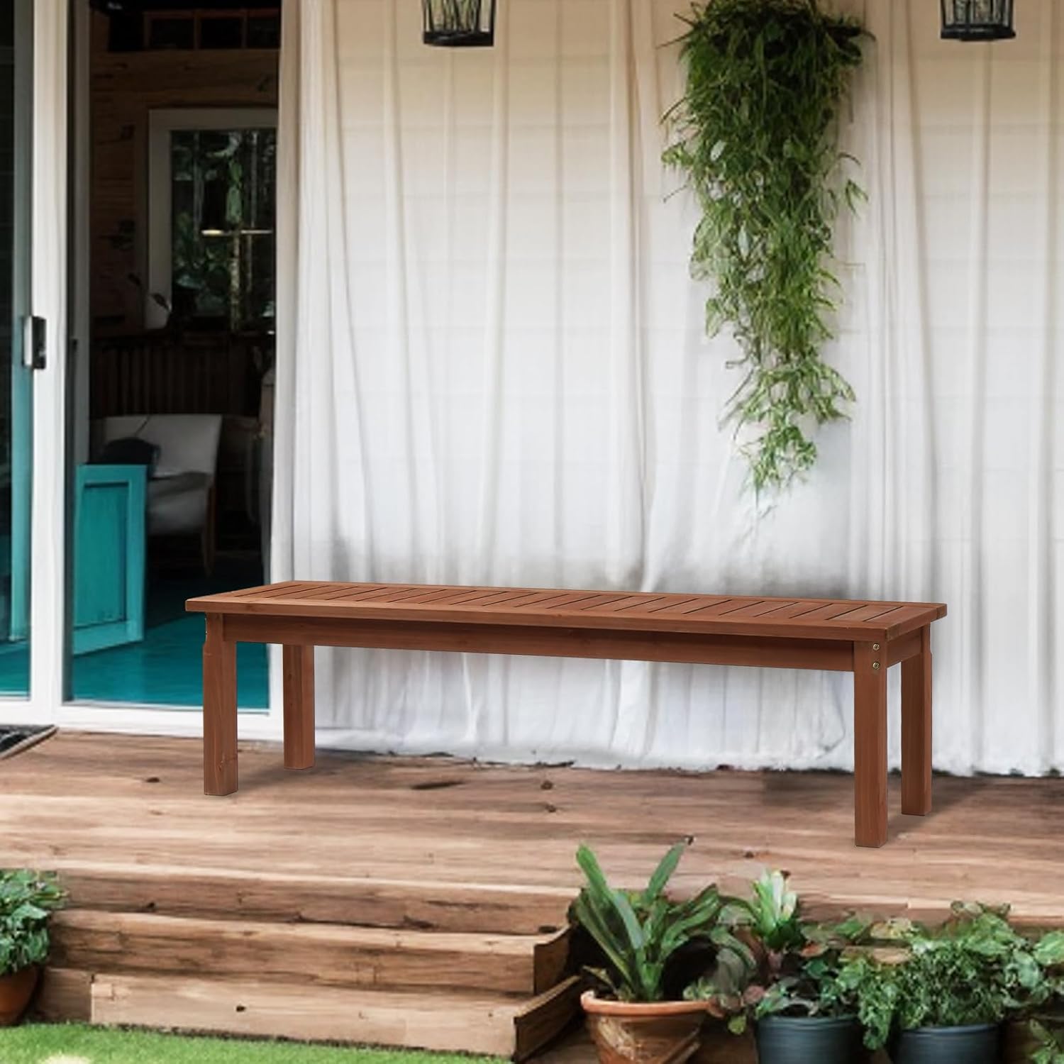 Outvita Patio Wood Bench, 62" Long Loveseat with Stable Wood Frame, 2-Person Backless Bench w/Slatted Seat, Indoor Outdoor Dining Bench for Backyard, Poolside, Entryway, Porch