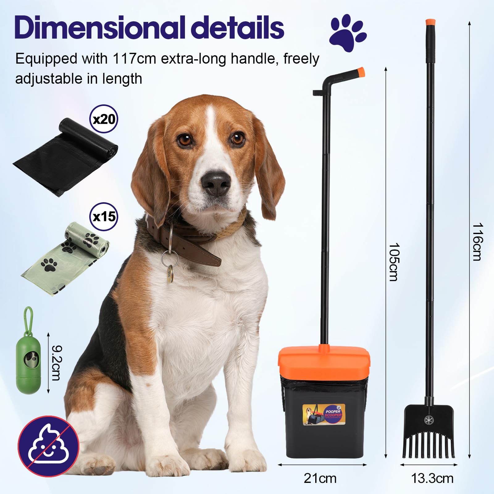 Kyrio Dog Poop Scooper, Portable Pooper Scooper, Swivel Bin and Rake Kit with Waste Bags, Length Handle, for Yard Grass, Garden, Gravel - Image 2