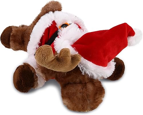 DolliBu Peluche de alce mentiroso de Papá Noel marrón, disfraz de felpa suave con traje de Papá Noel rojo, bonito regalo de vida silvestre,