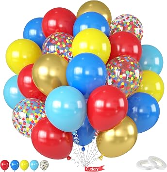 Blue Red Yellow Balloons, 12 Inch Red Blue Yellow Light Blue Gold Balloons, Metallic Gold Confetti Balloon with Ribbons for Boys Kids Baby Shower Carnival Celebration Birthday Party Decorations