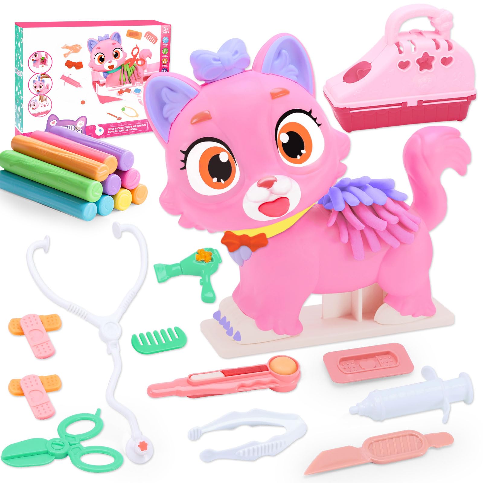 Crelloci Play Color Dough Set for kids age 3+, Cat Vet Toys for Kids, Pet Care Doctor Pretend Play Toy with Toy Cat, Carrier, 10 Tools, 10 Colours Dough
