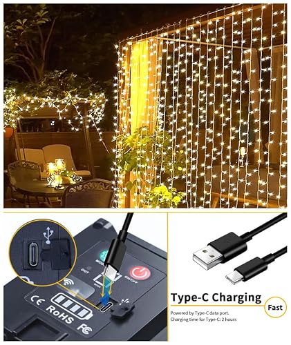 Upgraded Solar Curtain Lights, 600 LED Outdoor Waterproof Solar Powered Waterfall String Lights for Garden with USB Rechargeable 8 Modes Remote Control Curtain Fairy Lights (10FT*20FT) - Thumbnail 5