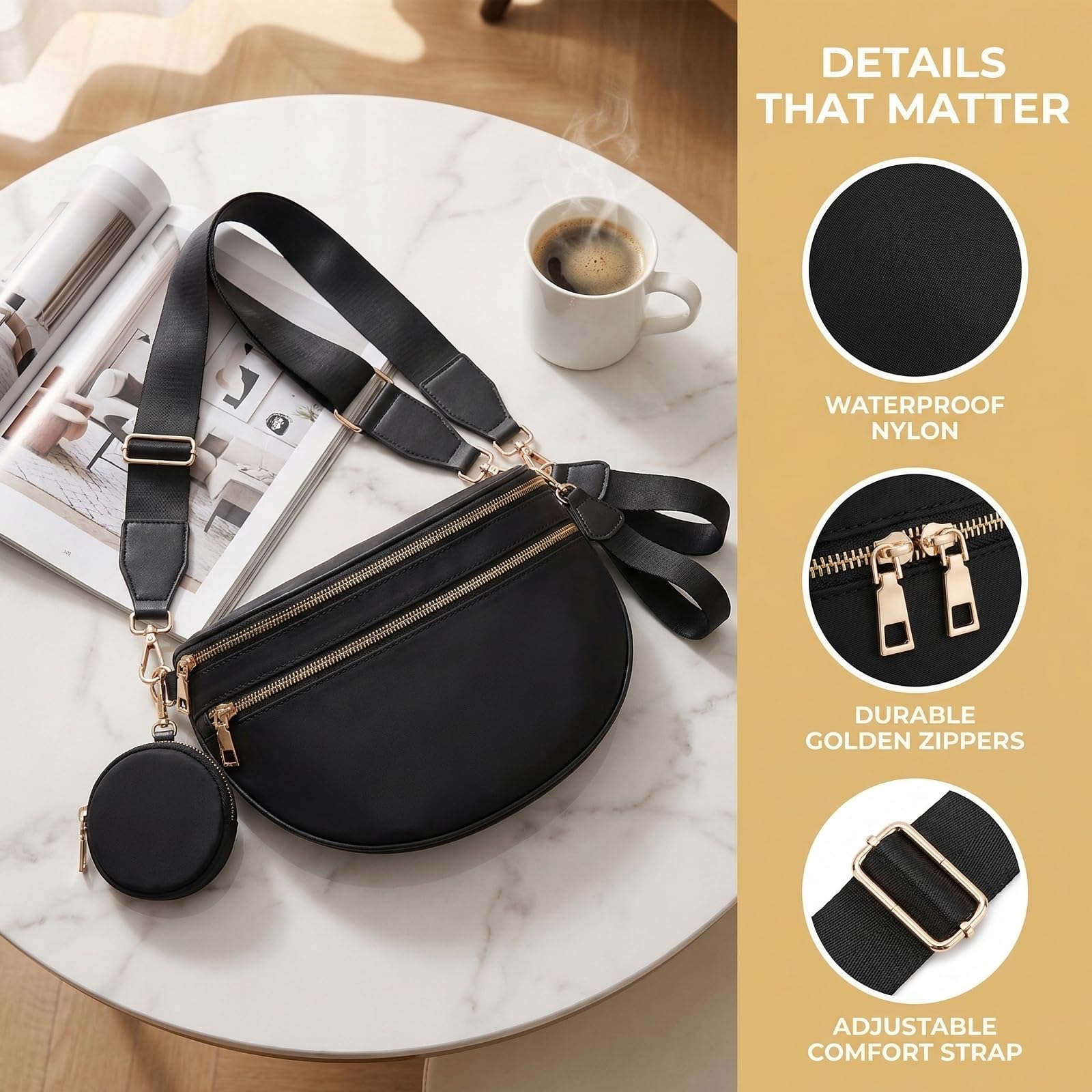 EMMAFY Women's Crossbody Bag, Waterproof Oxford Cloth Waist Bag with Adjustable Shoulder Strap, Suitable for Travel, Work and Commuting. (Black) - 3