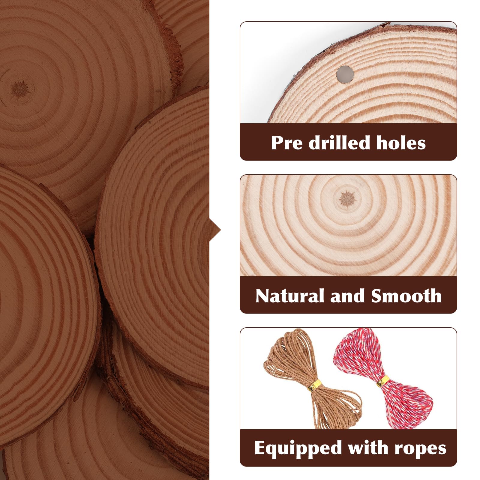 Paquete de 100 rodajas de madera para manualidades, 2.4-2.8 pulgadas de madera natural sin terminar con corteza de árbol. Círculos de madera preperforados con agujero y cuerda de 20 m para decoración