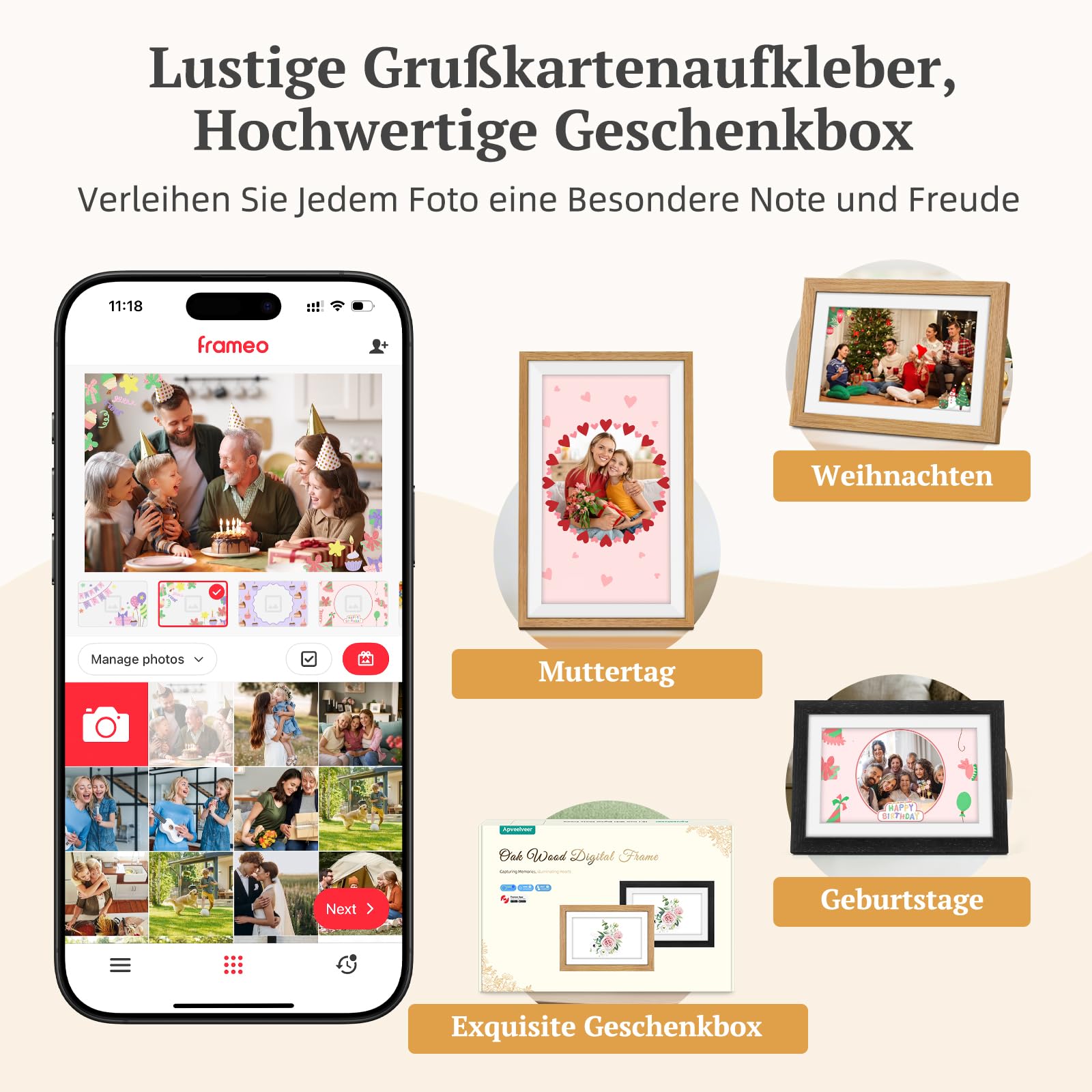 Frameo Digitaler Bilderrahmen Holz WLAN mit 32GB, 10.1 Zoll Elektronischer Bilderrahmen 1280 * 800 IPS Touchscreen, Fotos/Videos sofort über Frameo APP Teilen, Geschenke für Frauen Männer, Eichenholz