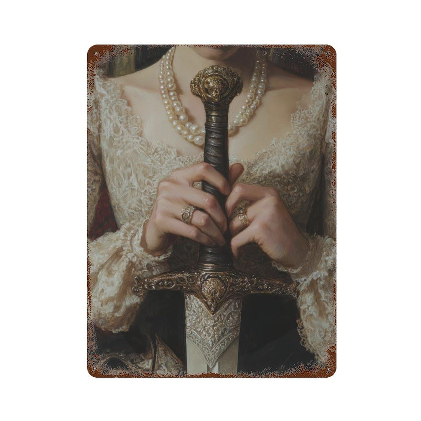 xiaoxiaoshen Victorian Woman with Sword Dark Academia Gothic Decor Antique Illustration Vintage Wall Decor Art Metal Tin Poster Modern Home Decor Art Home Bar Shop Decorations Vintage Sign 40x30cm