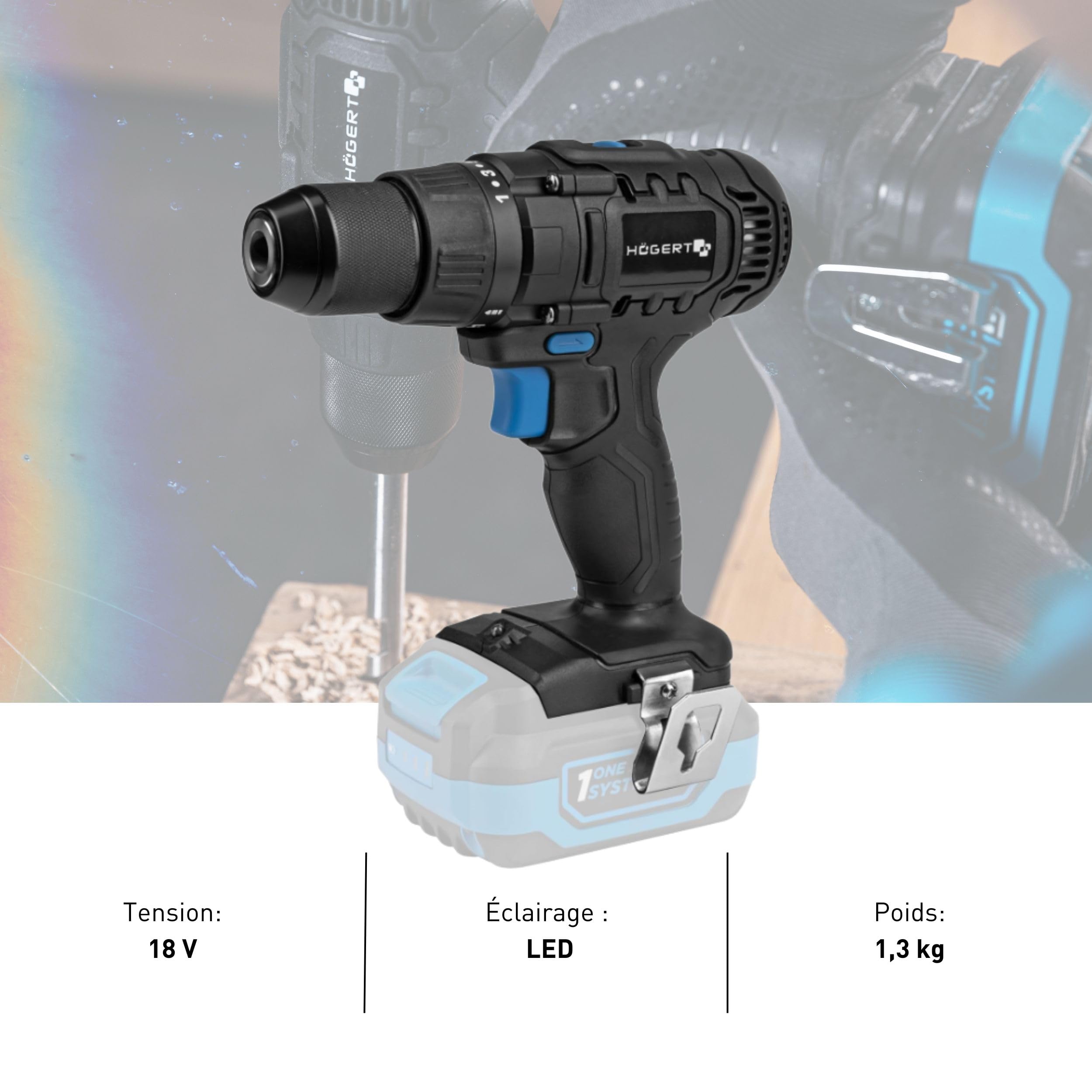 HÖGERT TECHNIK Perceuse-visseuse sans fil 18V, couple 50 Nm, mandrin Auto-Lock 13 mm, 21+1 réglages de couple, 2 vitesses, éclairage LED, engrenage métallique, sans batterie