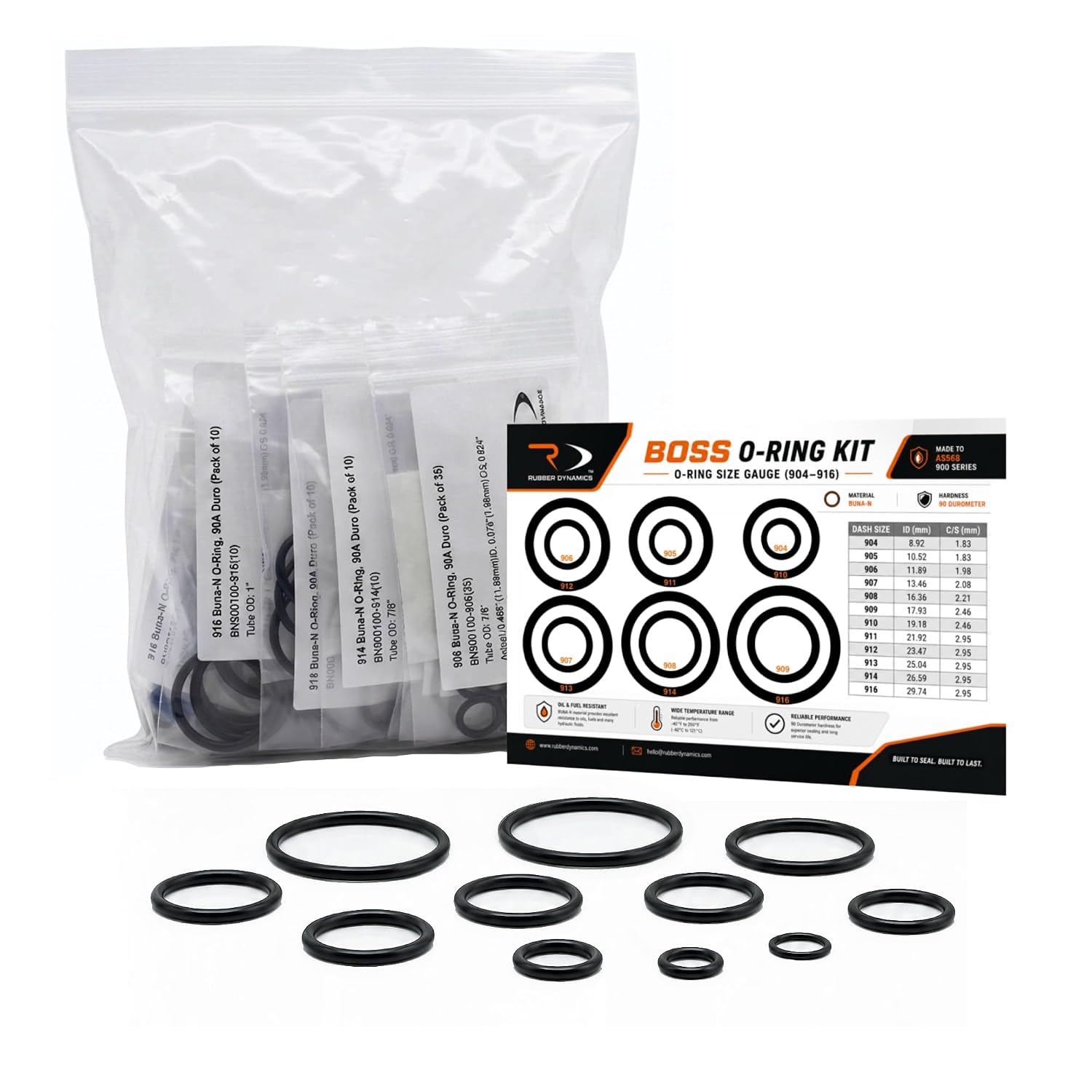 265 Pcs Hydraulic Boss O-Ring Kit, Buna-N 90A, SAE 900 Series, 12 Sizes