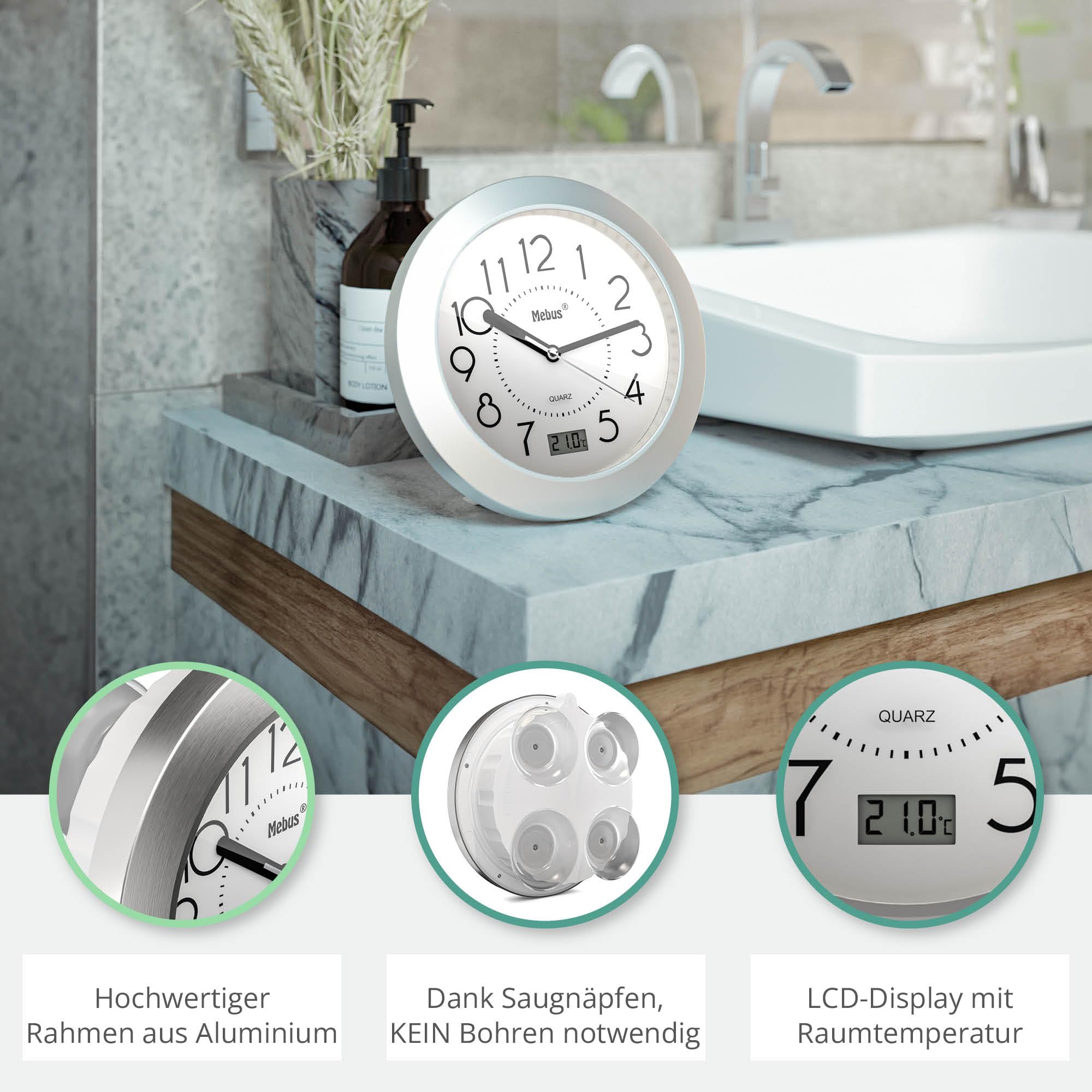 Reloj de baño de Cuarzo con Pantalla Digital, Marco de Aluminio, ventosas, Esfera Blanca, Modelo 41964, preciso y Funcional, Color Blanco