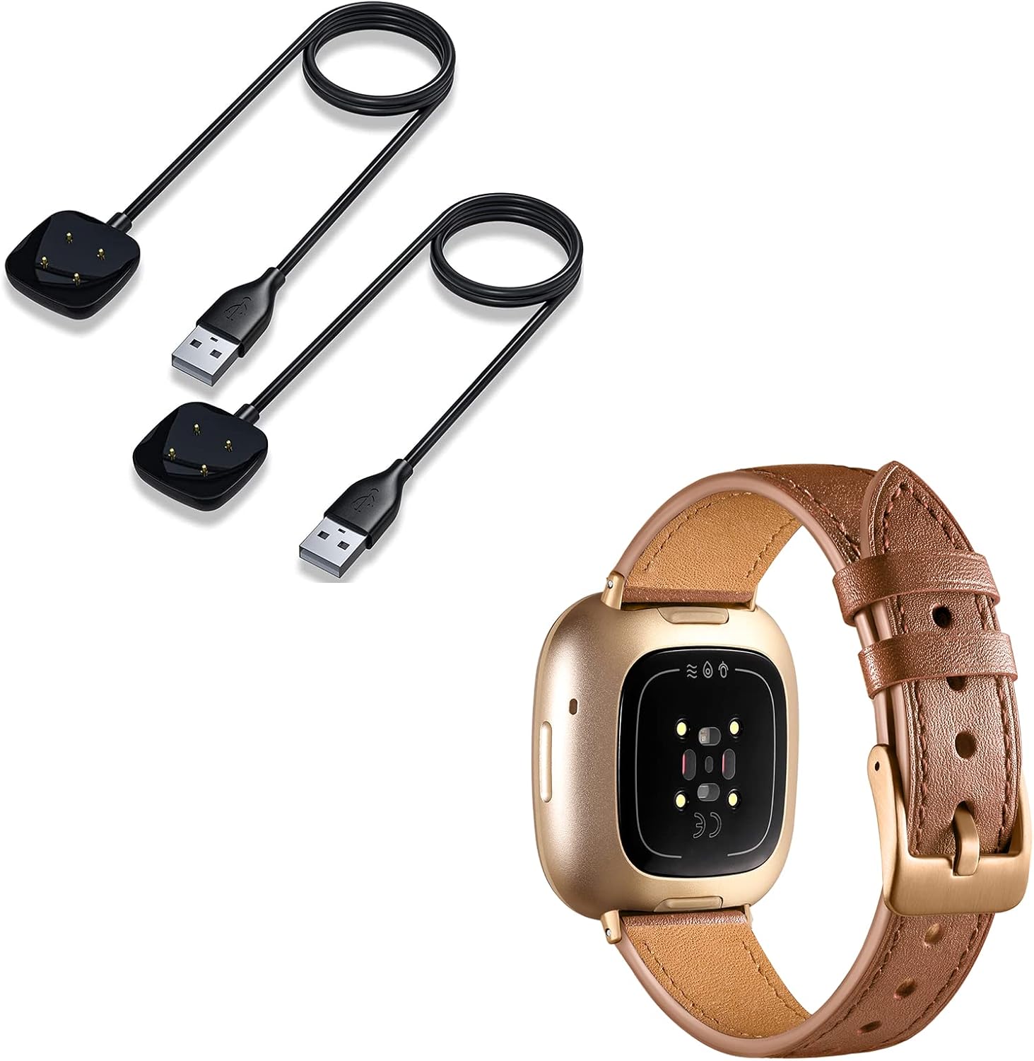 Maledan 2-Pack Charger and Soft Brown Grain Leather Bands Compatible with Fitbit Versa 3 and Fitbit Sense Smartwatch : Cell Phones & Accessories
