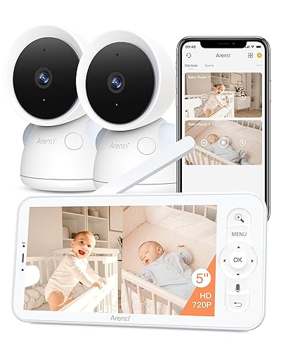 ARENTI Baby Monitor with 2 Cameras, 2K/3MP WiFi 6 Camera and Audio, 5-inch Wireless Screen, Smartphone App, Super Night Vision, Crying Detection, Auto Tracking, Temp&Humidity Sensor (D3 Set)