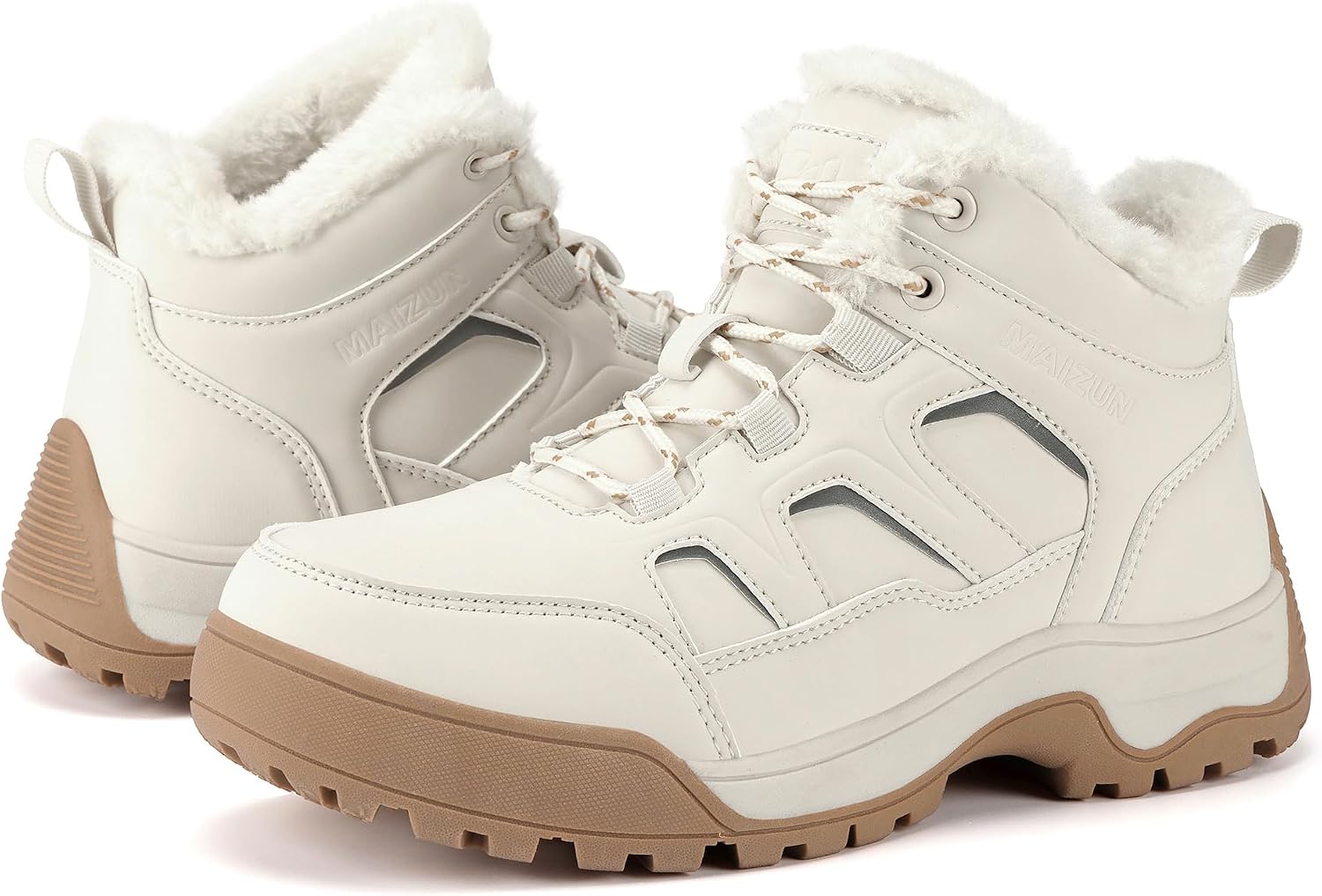 MAIZUN Winter Boots for Women Snow Warm Non-Slip Hiking Ankle Booties for Women Faux Fur Outdoor Beige 9