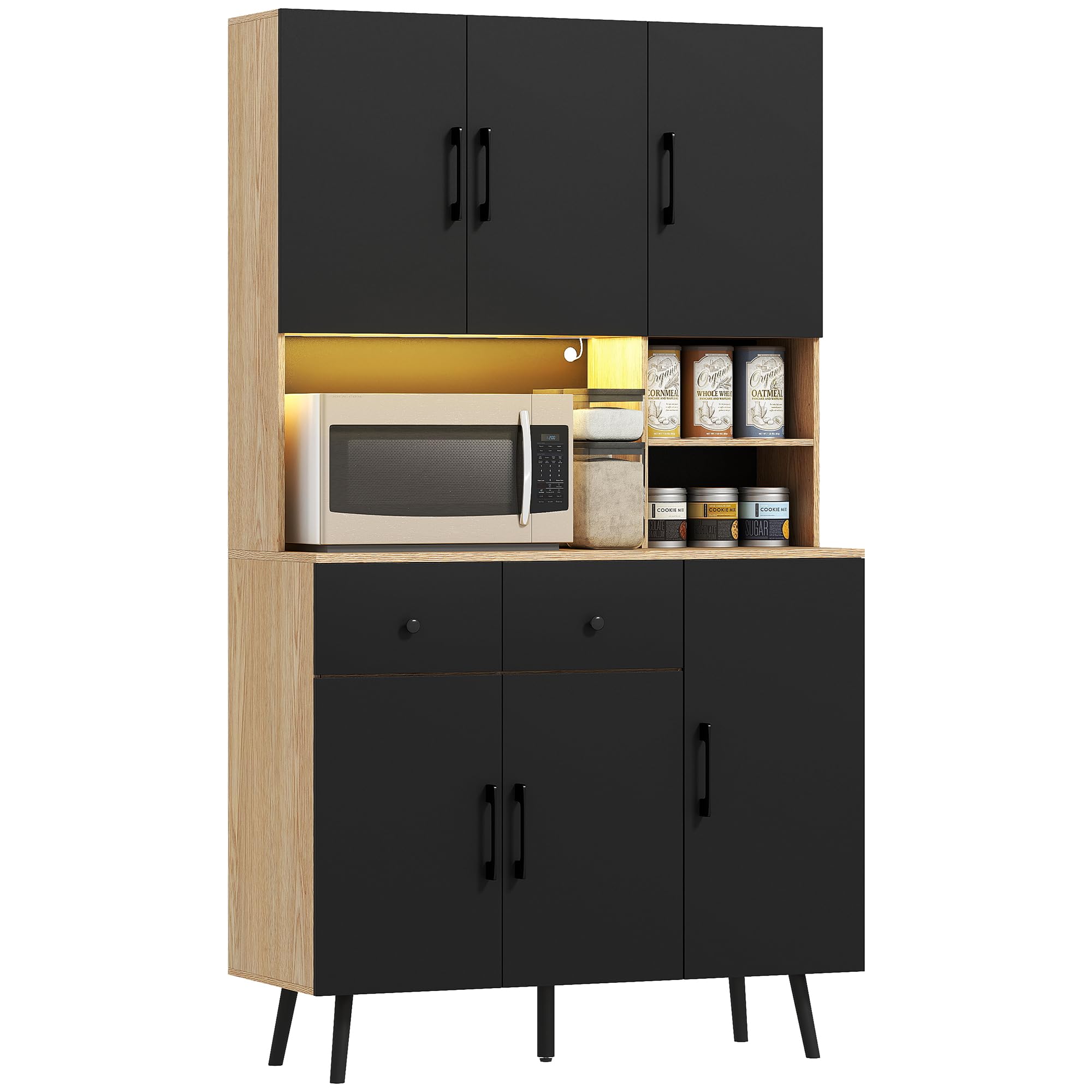 HOMCOM Meuble d'appoint de cuisine haut avec lumières LED RVB avec 6 portes, 2 tiroirs, plan de travail et trou pour câbles, style moderne noir et chêne 100 x 40 x 176 cm