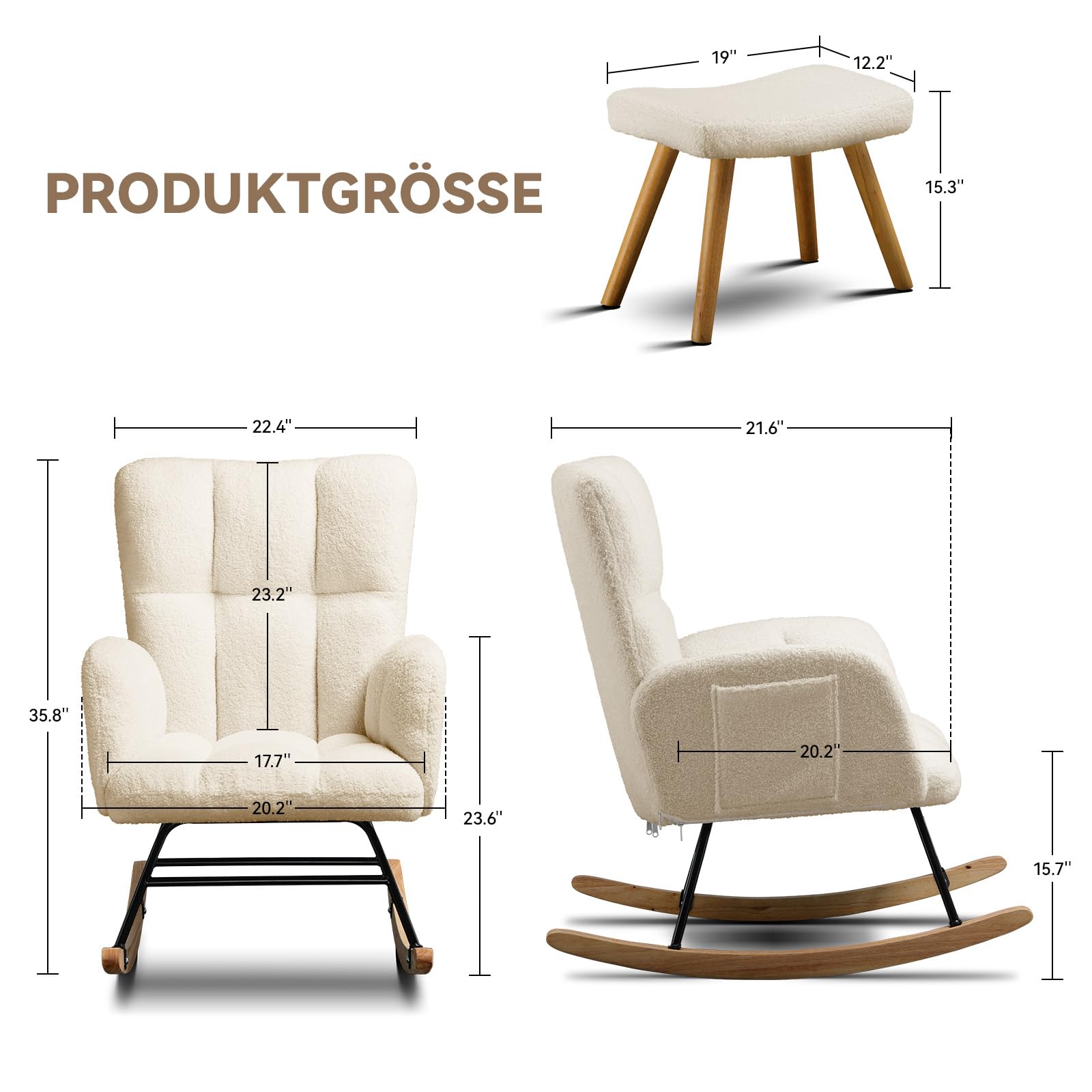COMHOMA Schaukelstuhl, Relaxsessel mit Armlehnen, Ohrensessel aus Teddy-Plüsch Schaukelsessel, bis 150 kg belastbar, sonnenliege gartenliege für Schlafzimmer, Wohnzimmer, Stilvolles Design Beige