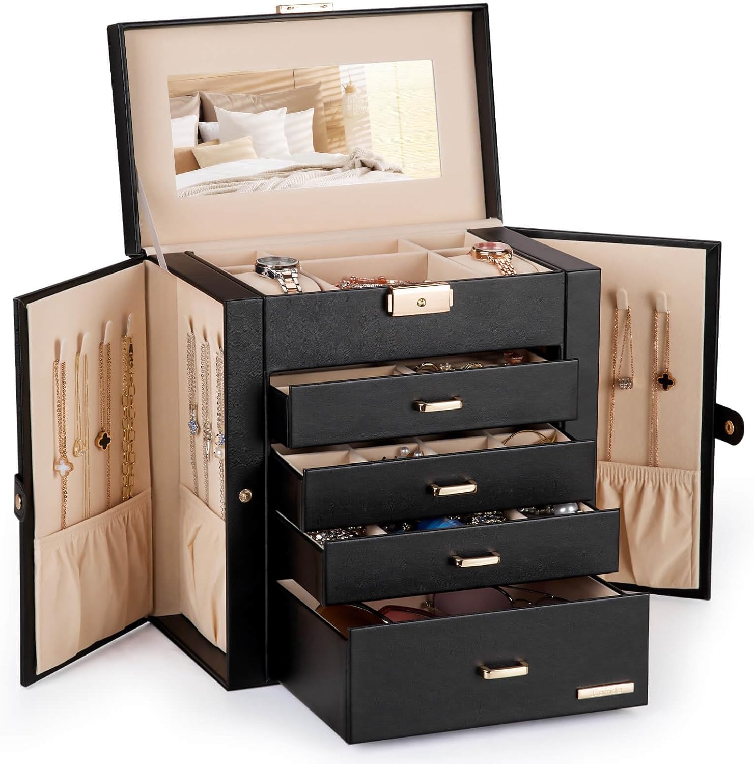 Homde Synthetic Leather Huge Jewelry Box Mirrored Watch...