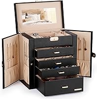 Vista 1 de Homde Regalos de Navidad de cuero sintético, enorme joyero, organizador de reloj con espejo, collar, anillo y aretes, estuche de regalo con Dorado