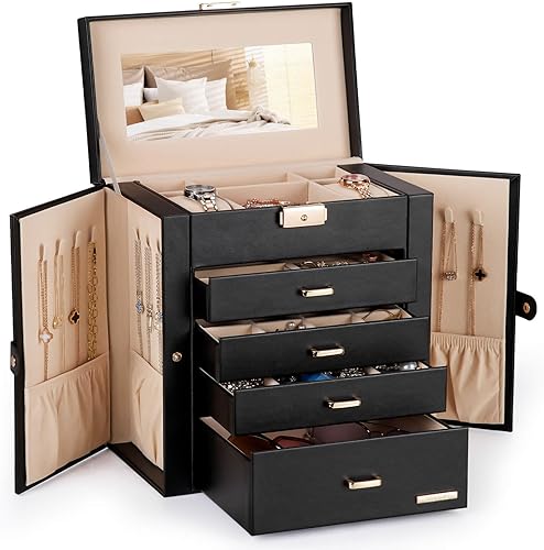 Homde Regalos de Navidad de cuero sintético, enorme joyero, organizador de reloj con espejo, collar, anillo y aretes, estuche de regalo con Dorado