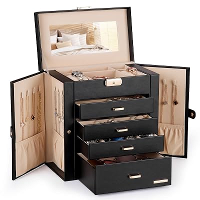 Homde Mothers Day Gifts Synthetic Leather Huge Jewelry Box Mirrored Watch Organizer Necklace Ring Earring Storage Lockable Gift Case (Black + Gold)