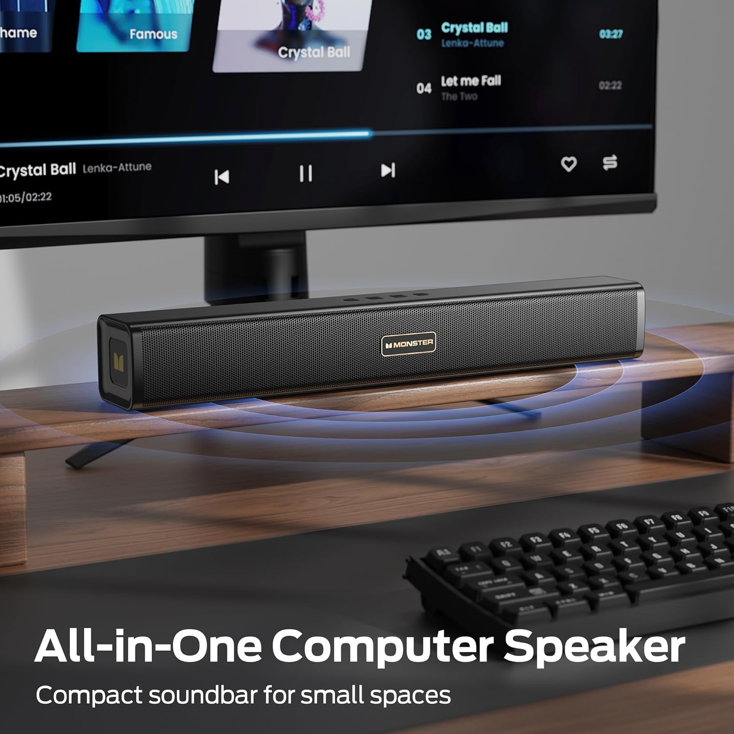 Monster S220 Computer Speakers for Desktop PC, 2.0 Channel PC Speakers with Dual Bass Diaphragm, Bluetooth 6.0 & 3.5mm Aux-in PC Soundbar, Compact Computer Sound Bar for Desktop/Laptop/Monitor/Tablet