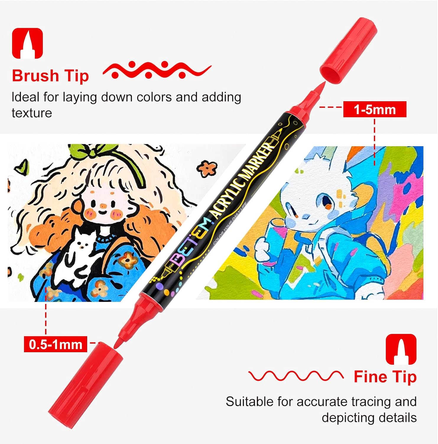 Betem Paint Markers Acrylic Paint Pens, Dual Tip 48 Colors Acrylic Markers with Brush Tip and Fine Point, Art Supplies for Wood, Canvas, Stone, Glass, Rock Painting Kit DIY Crafts Drawing Kit with Bag - Image 2