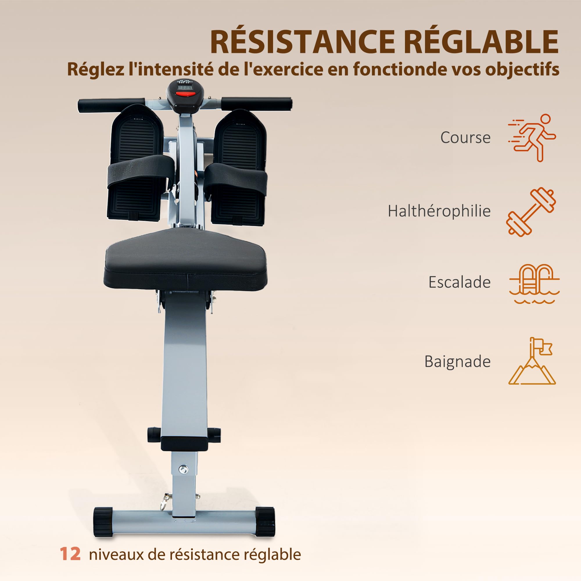 HOMCOM Rameur hydraulique à 12 niveaux de résistance, rameur d'appartement avec écran LCD, pédale antidérapante, charge 100 kg, pour maison, salle de gym, l'équipement d'entraînement d'intérieur, noir
