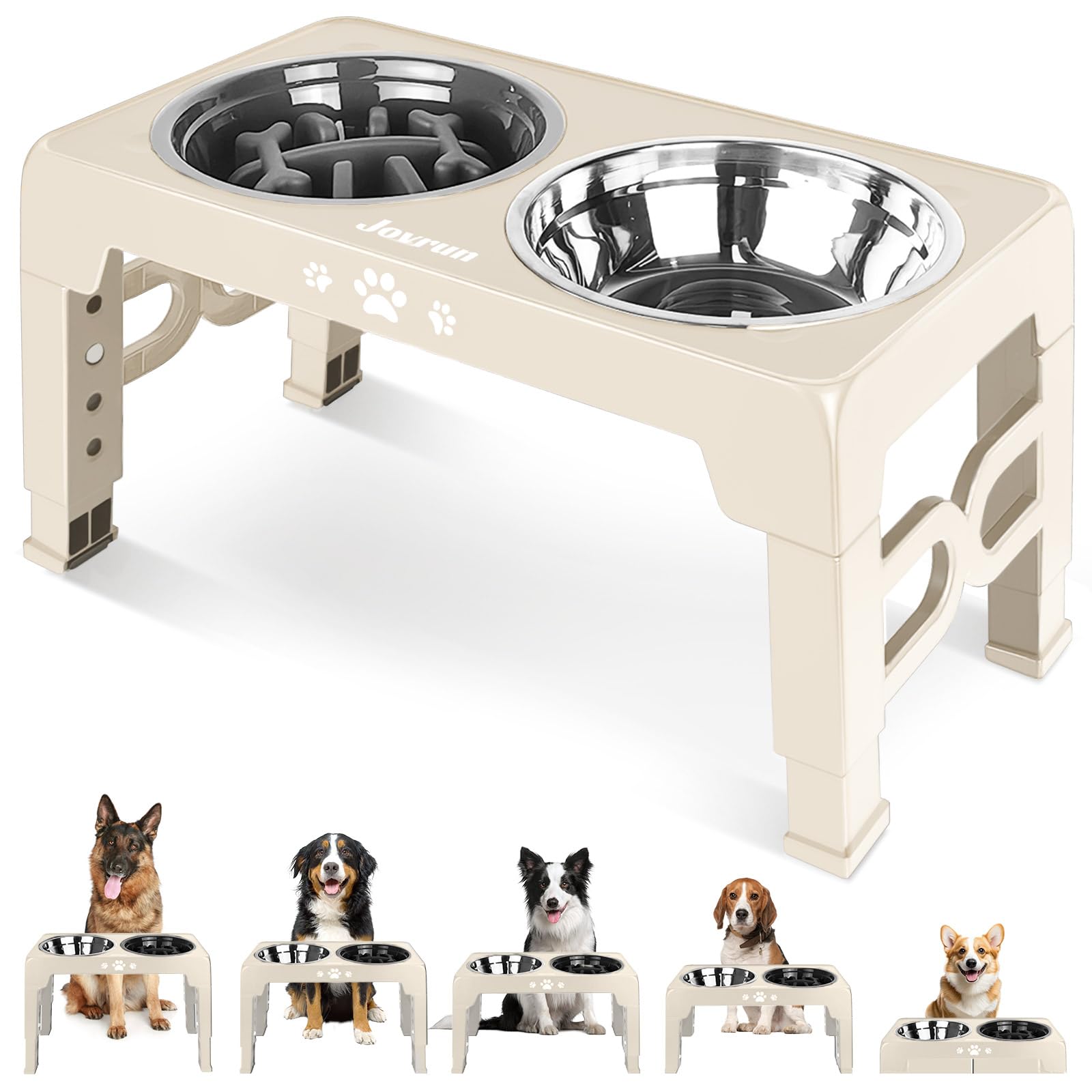 Jovrun Elevated Dog Bowls, Non-Slip Dog Feeder with 1*Stainless Steel Dishes & 1*Slow Feeder Bowl, 5 Heights Adjustable Raised Bowls for 3.15″-8.66″-9.84″-11.02″-12.2″