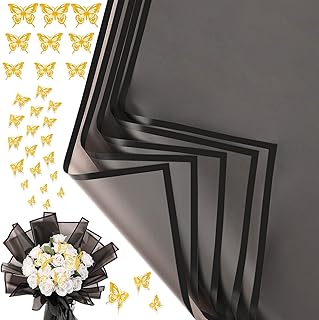 cridoz 꽃 부케 포장지 20장, 골드 나비 장식 12개, 꽃다발용, 선물 포장(반투명 블랙)
