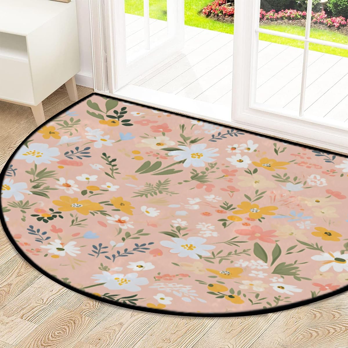 Mexpekil Paillasson demi-rond antidérapant lavable - Motif feuilles et fleurs roses - Demi lune - Pour intérieur et extérieur - 100 x 160 cm