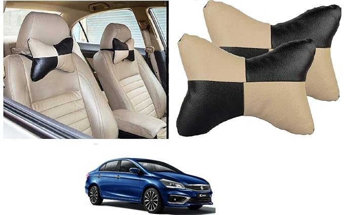 Kozdiko Car Seat Pillow/Seat Cushion/Head Rest (Black/Beige, Set of 2 Pcs) Neck Rest Pillow Square Chess Design for Maruti Suzuki Ciaz Facelift