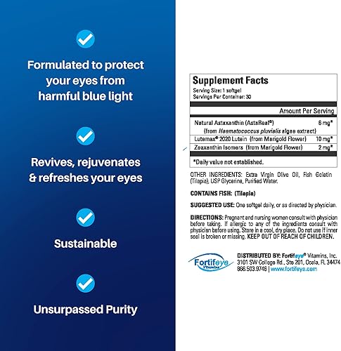 Miniatura 8 de Fortifeye Focus - Suplemento para el cuidado de los ojos  Triple carotenoide que incluye astaxantina, luteína y zeaxantina  90 cápsulas de cápsula