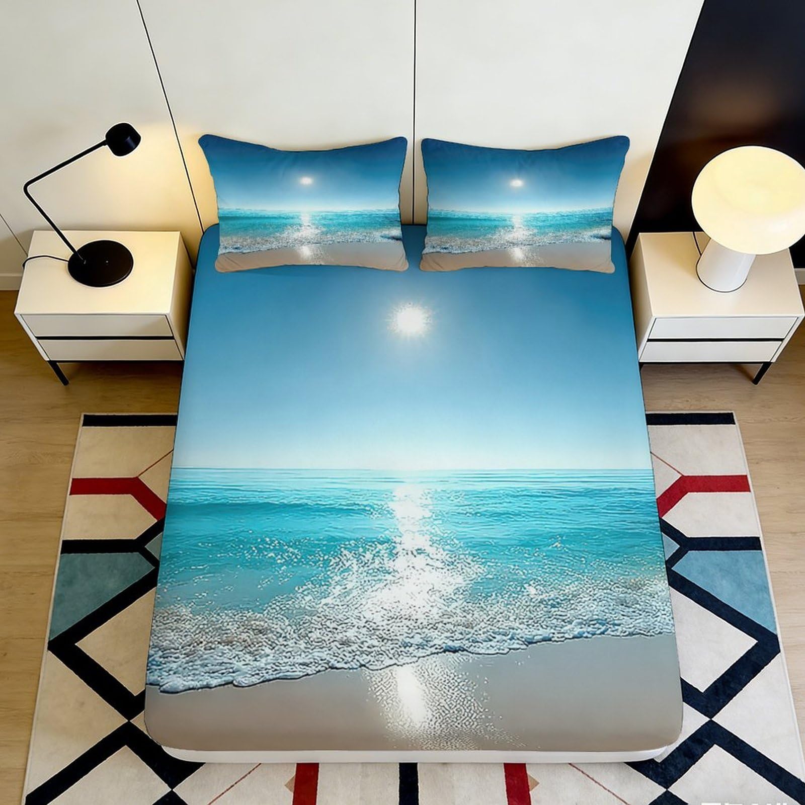 3D Printed Ocean Sunrise Fitted Sheet Microfiber Soft Blue Seascape Mattress Cover for Bedroom Guest Room Decor 90x200x25cm