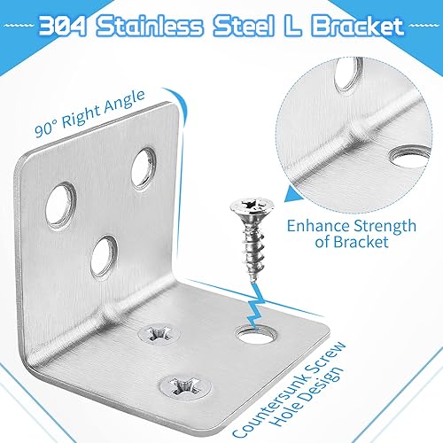 Vista 2 de 26 soportes en L + 156 tornillos, soporte de esquina pequeño de acero inoxidable para estantes de madera, mesas y armarios