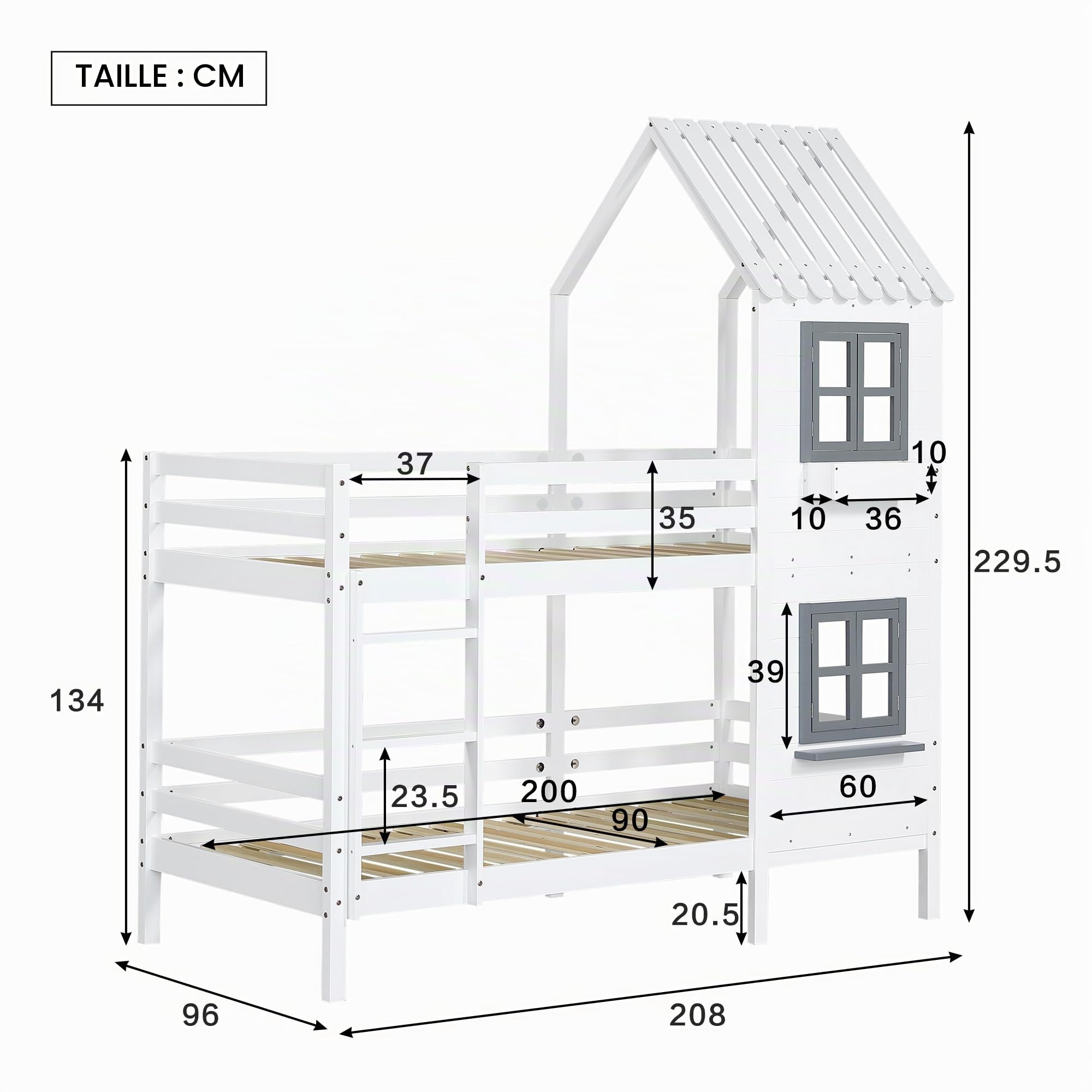Merax Lit superposé 90 x 200 cm - Protection Contre Les Chutes et échelle, lit de Maison avec Main Courante et fenêtre - Lit Simple pour Enfant avec sommier à Lattes, Cadre en pin, Blanc